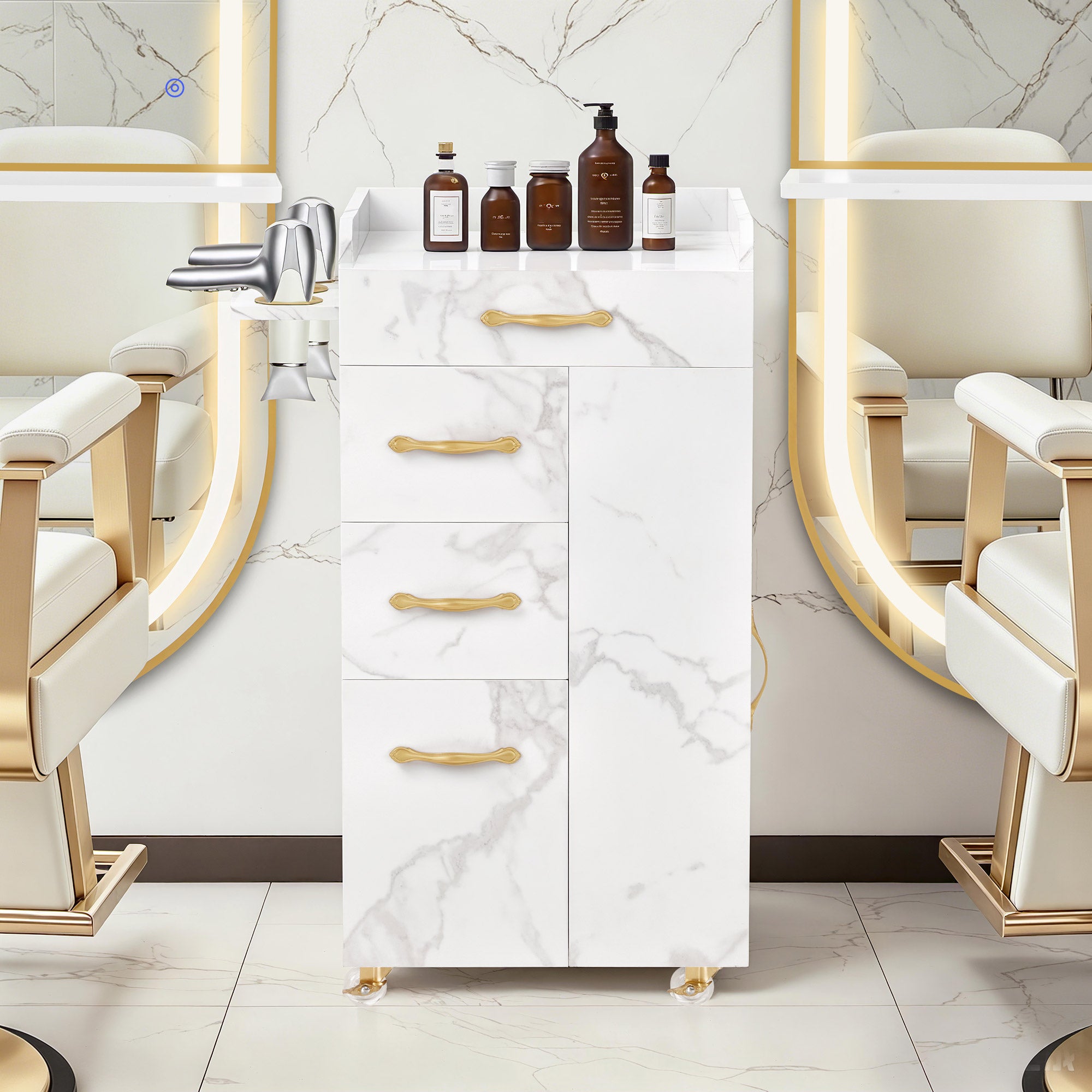 BarberPub Friseurwagen mit 3 Schubladen & 2 Schränken, Beauty Salon Trolley mit 3 Föhnhaltern, Rollwagen Servierwagen für Schönheitssalon, Friseur Arbeitswagen, 39x58x90cm, 0065 (Weiß-Gold)