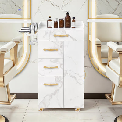 BarberPub Chariot de Coiffure à 3 Tiroirs et 2 Placards, Desserte de Salon de Beauté avec 3 Supports de Sèche-Cheveux, Chariot de Service Roulant pour Salon de Beauté, Desserte de Coiffeur, 39x58x90cm, 0065 (Blanc-Or)