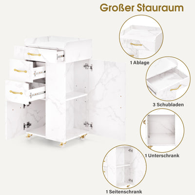 BarberPub Chariot de Coiffure à 3 Tiroirs et 2 Placards, Desserte de Salon de Beauté avec 3 Supports de Sèche-Cheveux, Chariot de Service Roulant pour Salon de Beauté, Desserte de Coiffeur, 39x58x90cm, 0065 (Blanc-Or)