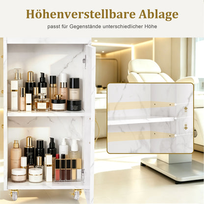 BarberPub Friseurwagen mit 3 Schubladen & 2 Schränken, Beauty Salon Trolley mit 3 Föhnhaltern, Rollwagen Servierwagen für Schönheitssalon, Friseur Arbeitswagen, 39x58x90cm, 0065 (Weiß-Gold)