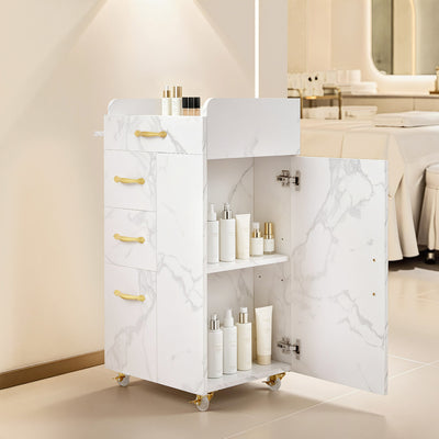 BarberPub Chariot de Coiffure à 3 Tiroirs et 2 Placards, Desserte de Salon de Beauté avec 3 Supports de Sèche-Cheveux, Chariot de Service Roulant pour Salon de Beauté, Desserte de Coiffeur, 39x58x90cm, 0065 (Blanc-Or)