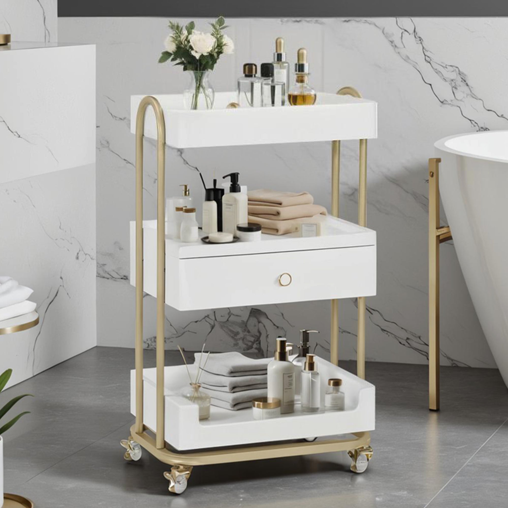Desserte BarberPub avec roulettes et tiroir, desserte de coiffure blanc-doré, desserte de salon avec 3 étagères, desserte de travail moderne pour salle de bain et salon, 37 x 51 x 87 cm, 0093