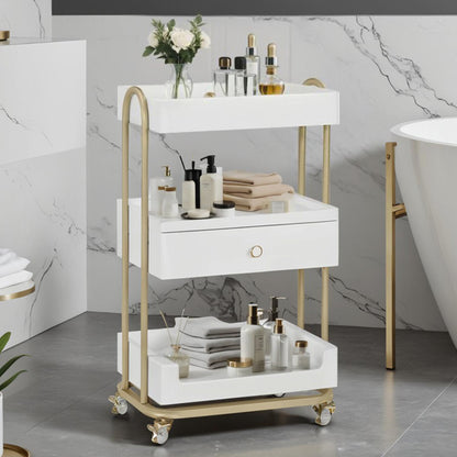 Desserte BarberPub avec roulettes et tiroir, desserte de coiffure blanc-doré, desserte de salon avec 3 étagères, desserte de travail moderne pour salle de bain et salon, 37 x 51 x 87 cm, 0093