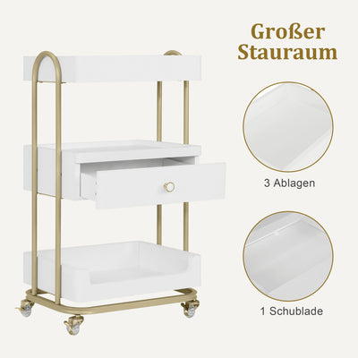 BarberPub Servierwagen mit Rollen & Schublade, Rollwagen Friseurwagen Weiß-Gold, Salon Trolley mit 3 Ablagen, Moderner Arbeitswagen für Bad Wohnzimmer, 37x51x87cm, 0093
