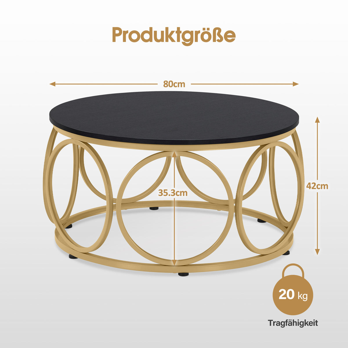BarberPub Couchtisch Rund Holz, Moderner Sofatisch, Kleiner Beistelltisch Metall, Kaffeetisch für Wohnzimmer, Schönheitssalon, Wohnzimmertisch Holzmaserung, 80x80x42cm, 2102
