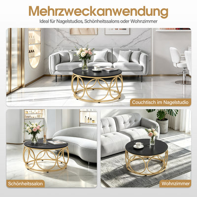 BarberPub Couchtisch Rund Holz, Moderner Sofatisch, Kleiner Beistelltisch Metall, Kaffeetisch für Wohnzimmer, Schönheitssalon, Wohnzimmertisch Holzmaserung, 80x80x42cm, 2102