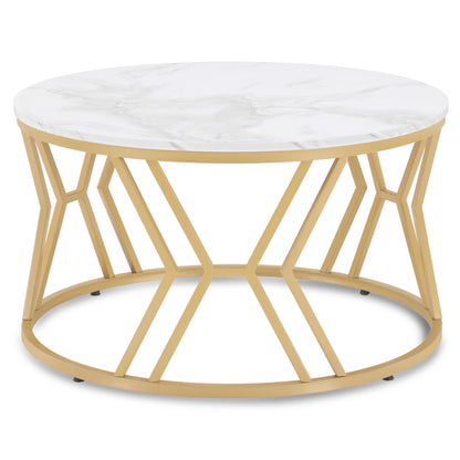 BarberPub Round Wooden Coffee Table, Modern Sofa Table, Small Metal Side Table, Coffee Table for Living Room, Beauty Salon, Living Room Table Marble-White Gold, 80x80x46cm, 2115
