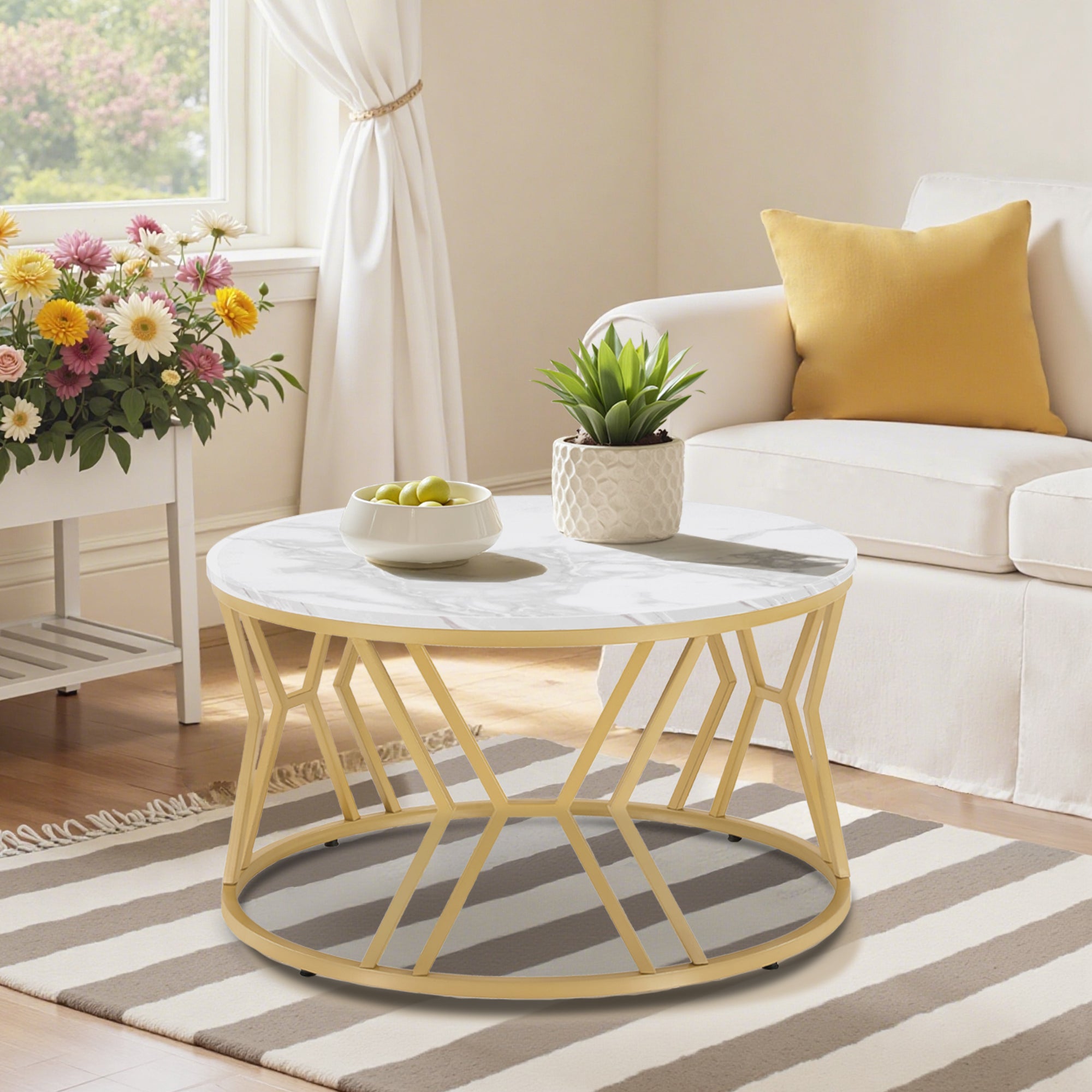 BarberPub Round Wooden Coffee Table, Modern Sofa Table, Small Metal Side Table, Coffee Table for Living Room, Beauty Salon, Living Room Table Marble-White Gold, 80x80x46cm, 2115