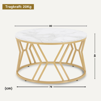 BarberPub Round Wooden Coffee Table, Modern Sofa Table, Small Metal Side Table, Coffee Table for Living Room, Beauty Salon, Living Room Table Marble-White Gold, 80x80x46cm, 2115