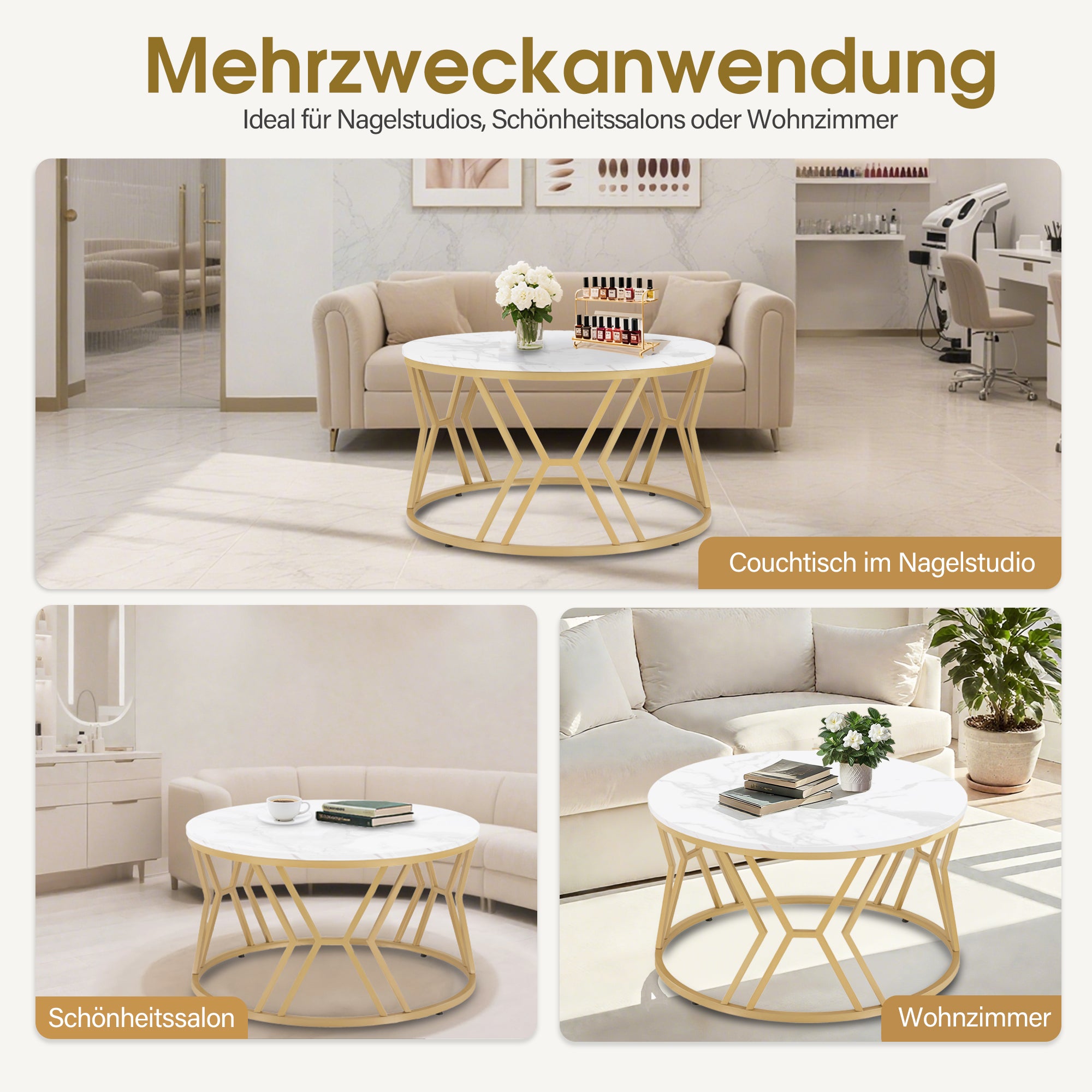 BarberPub Round Wooden Coffee Table, Modern Sofa Table, Small Metal Side Table, Coffee Table for Living Room, Beauty Salon, Living Room Table Marble-White Gold, 80x80x46cm, 2115