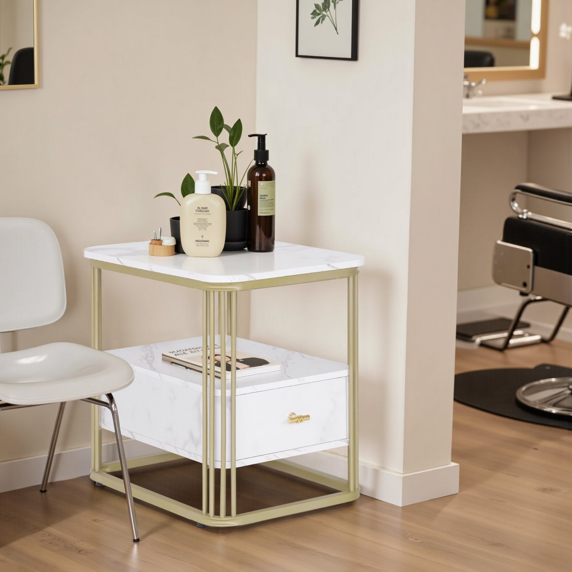 BarberPub Side Table with Drawer, Sofa Table with 2 Shelves, Modern Coffee Table Marble White Gold, Metal Frame, Coffee Table for Bedroom, Living Room, Beauty Salon, 60x40x55, 2138
