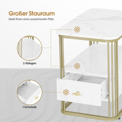 BarberPub Side Table with Drawer, Sofa Table with 2 Shelves, Modern Coffee Table Marble White Gold, Metal Frame, Coffee Table for Bedroom, Living Room, Beauty Salon, 60x40x55, 2138