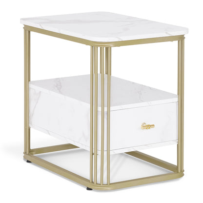 BarberPub Side Table with Drawer, Sofa Table with 2 Shelves, Modern Coffee Table Marble White Gold, Metal Frame, Coffee Table for Bedroom, Living Room, Beauty Salon, 60x40x55, 2138