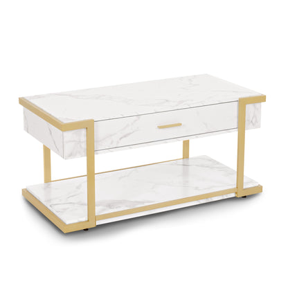 Table basse dorée BarberPub, table d'appoint avec tiroir, table de canapé avec 2 étagères, table de salon moderne en métal, table basse pour salon, salon de beauté, marbre blanc, 50 x 100,5 x 48 cm, 2141