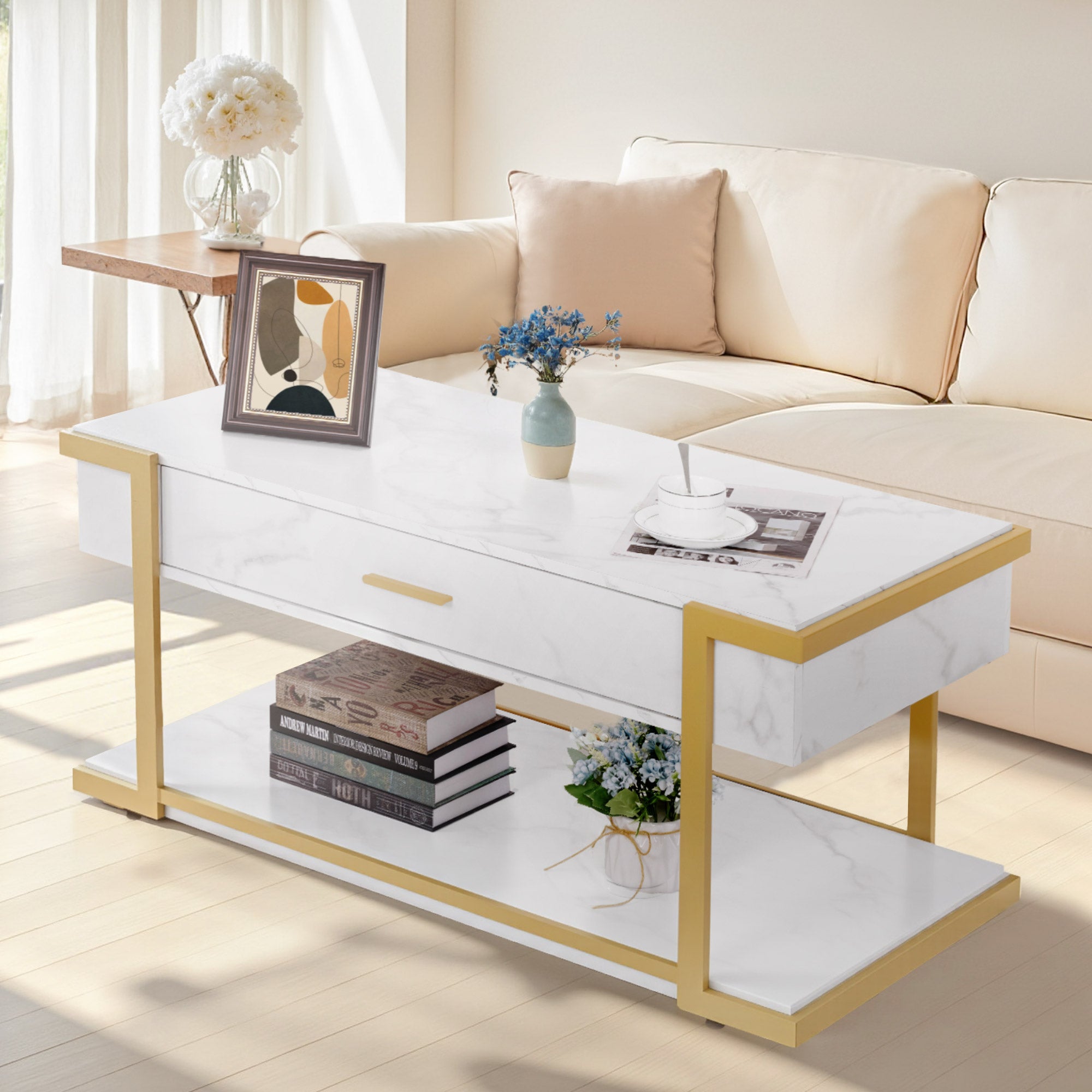 Table basse dorée BarberPub, table d'appoint avec tiroir, table de canapé avec 2 étagères, table de salon moderne en métal, table basse pour salon, salon de beauté, marbre blanc, 50 x 100,5 x 48 cm, 2141