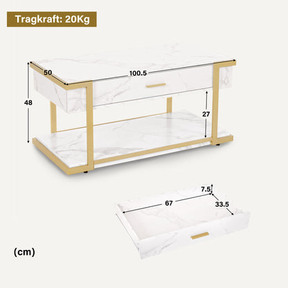 Table basse dorée BarberPub, table d'appoint avec tiroir, table de canapé avec 2 étagères, table de salon moderne en métal, table basse pour salon, salon de beauté, marbre blanc, 50 x 100,5 x 48 cm, 2141