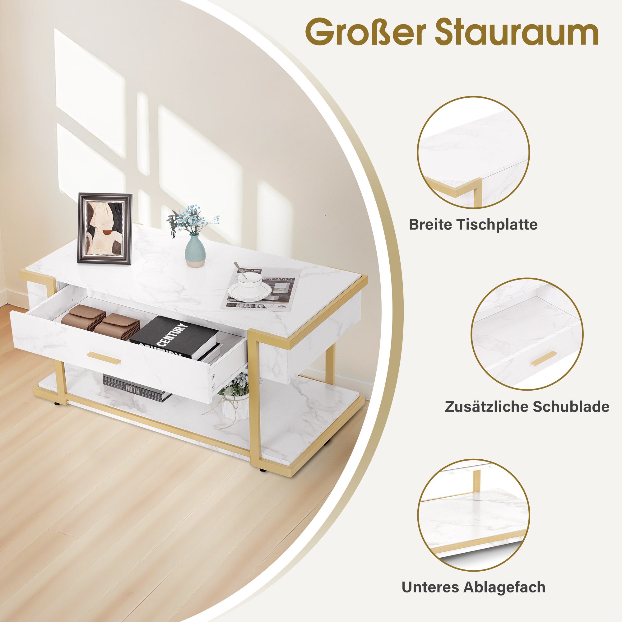 Table basse dorée BarberPub, table d'appoint avec tiroir, table de canapé avec 2 étagères, table de salon moderne en métal, table basse pour salon, salon de beauté, marbre blanc, 50 x 100,5 x 48 cm, 2141