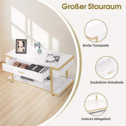 Table basse dorée BarberPub, table d'appoint avec tiroir, table de canapé avec 2 étagères, table de salon moderne en métal, table basse pour salon, salon de beauté, marbre blanc, 50 x 100,5 x 48 cm, 2141
