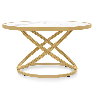 BarberPub Couchtisch Rund Holz, Moderner Sofatisch, Kleiner Beistelltisch Metall, Kaffeetisch für Wohnzimmer, Schönheitssalon, Wohnzimmertisch Marmor-Weiß Gold, 80x80x45cm, 2175