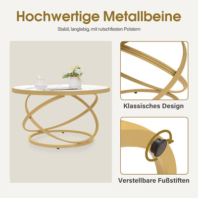 BarberPub Couchtisch Rund Holz, Moderner Sofatisch, Kleiner Beistelltisch Metall, Kaffeetisch für Wohnzimmer, Schönheitssalon, Wohnzimmertisch Marmor-Weiß Gold, 80x80x45cm, 2175
