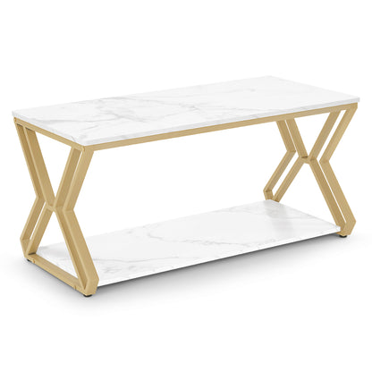 BarberPub Gold Coffee Table, Side Table with 2 Shelves, Wooden Sofa Table, Modern Metal Living Room Table, Coffee Table for Living Room, Beauty Salon, Marble White, 50x100x48cm, 2196