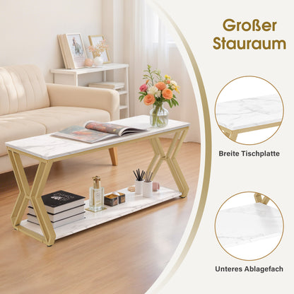 BarberPub Gold Coffee Table, Side Table with 2 Shelves, Wooden Sofa Table, Modern Metal Living Room Table, Coffee Table for Living Room, Beauty Salon, Marble White, 50x100x48cm, 2196