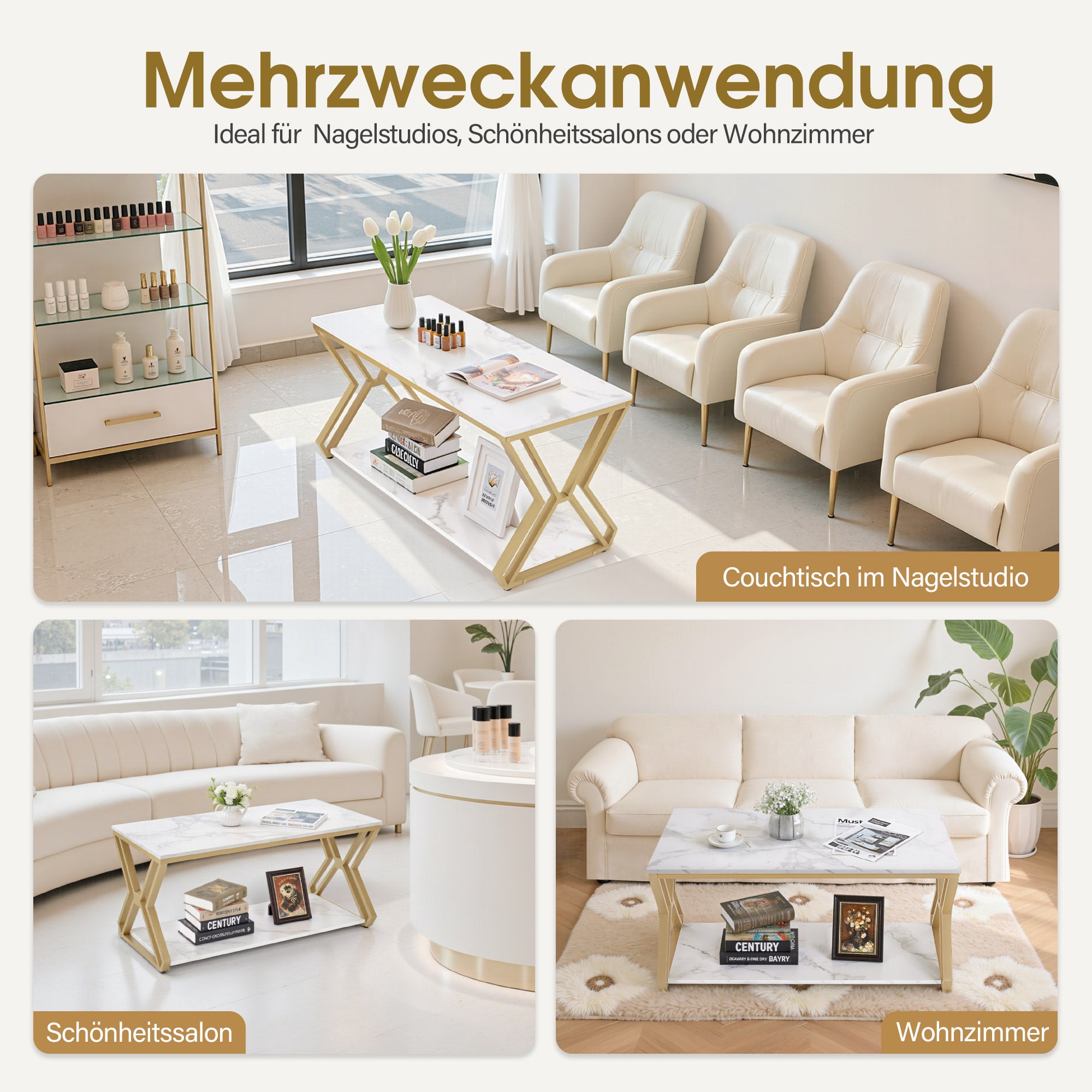 BarberPub Gold Coffee Table, Side Table with 2 Shelves, Wooden Sofa Table, Modern Metal Living Room Table, Coffee Table for Living Room, Beauty Salon, Marble White, 50x100x48cm, 2196