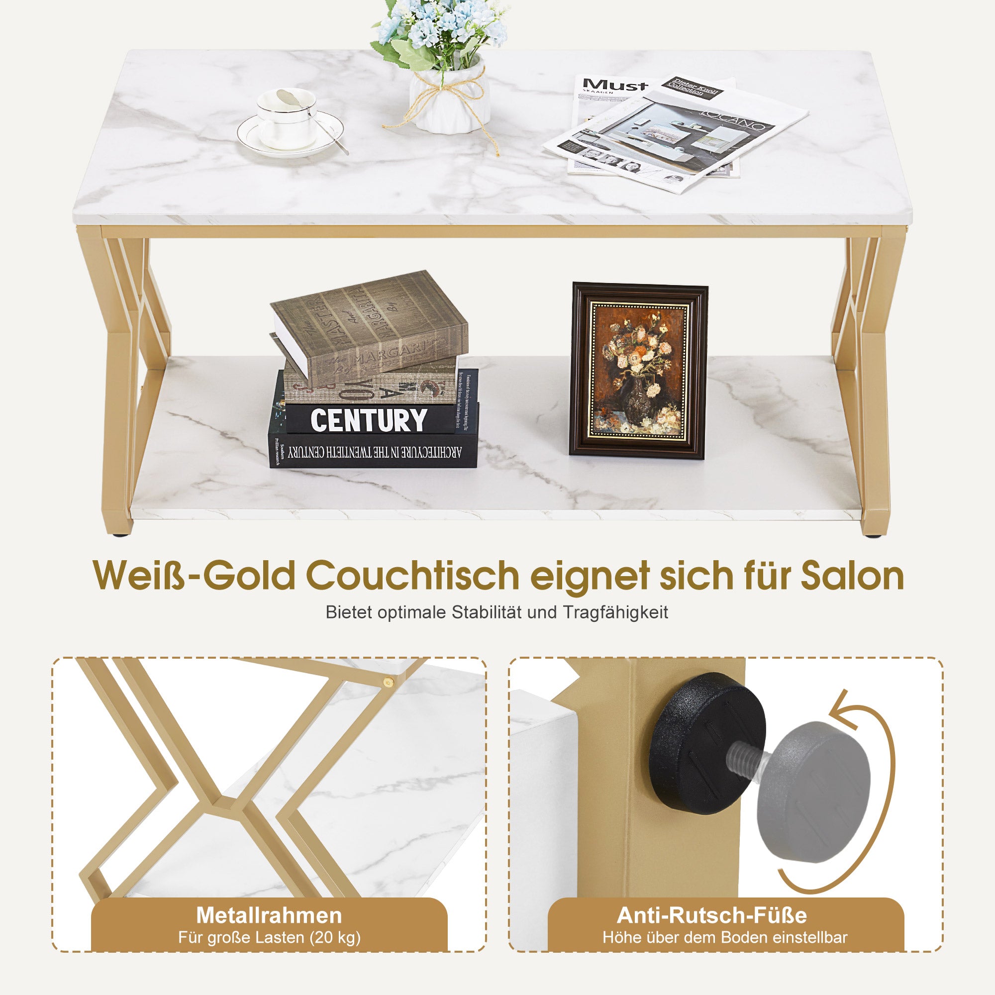 BarberPub Gold Coffee Table, Side Table with 2 Shelves, Wooden Sofa Table, Modern Metal Living Room Table, Coffee Table for Living Room, Beauty Salon, Marble White, 50x100x48cm, 2196