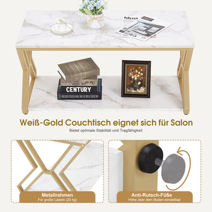 BarberPub Gold Coffee Table, Side Table with 2 Shelves, Wooden Sofa Table, Modern Metal Living Room Table, Coffee Table for Living Room, Beauty Salon, Marble White, 50x100x48cm, 2196