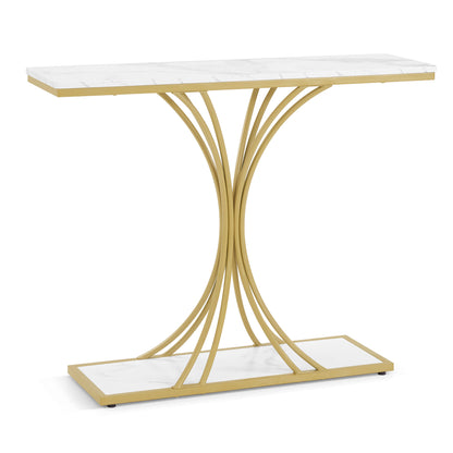 BarberPub Narrow Console Table, Entryway Table with Wooden Metal Frame, Hallway Table with 2 Levels, Modern Side Table for Hallway, Living Room, Anteroom, Entrance, Foyer, Marble-White Gold, 30 x 100 x 80.5 cm, 2226