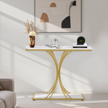BarberPub Narrow Console Table, Entryway Table with Wooden Metal Frame, Hallway Table with 2 Levels, Modern Side Table for Hallway, Living Room, Anteroom, Entrance, Foyer, Marble-White Gold, 30 x 100 x 80.5 cm, 2226