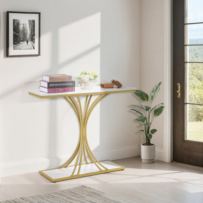 BarberPub Narrow Console Table, Entryway Table with Wooden Metal Frame, Hallway Table with 2 Levels, Modern Side Table for Hallway, Living Room, Anteroom, Entrance, Foyer, Marble-White Gold, 30 x 100 x 80.5 cm, 2226
