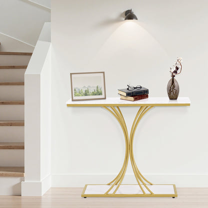 BarberPub Narrow Console Table, Entryway Table with Wooden Metal Frame, Hallway Table with 2 Levels, Modern Side Table for Hallway, Living Room, Anteroom, Entrance, Foyer, Marble-White Gold, 30 x 100 x 80.5 cm, 2226