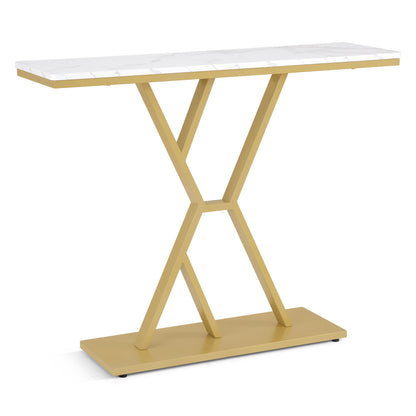 BarberPub Narrow Console Table, Entryway Table with Wood and Metal Frame, Hallway Table with 2 Levels, Modern Side Table for Hallway, Living Room, Anteroom, Entrance, Foyer, Marble-White Gold, 30 x 100 x 80 cm, 2237