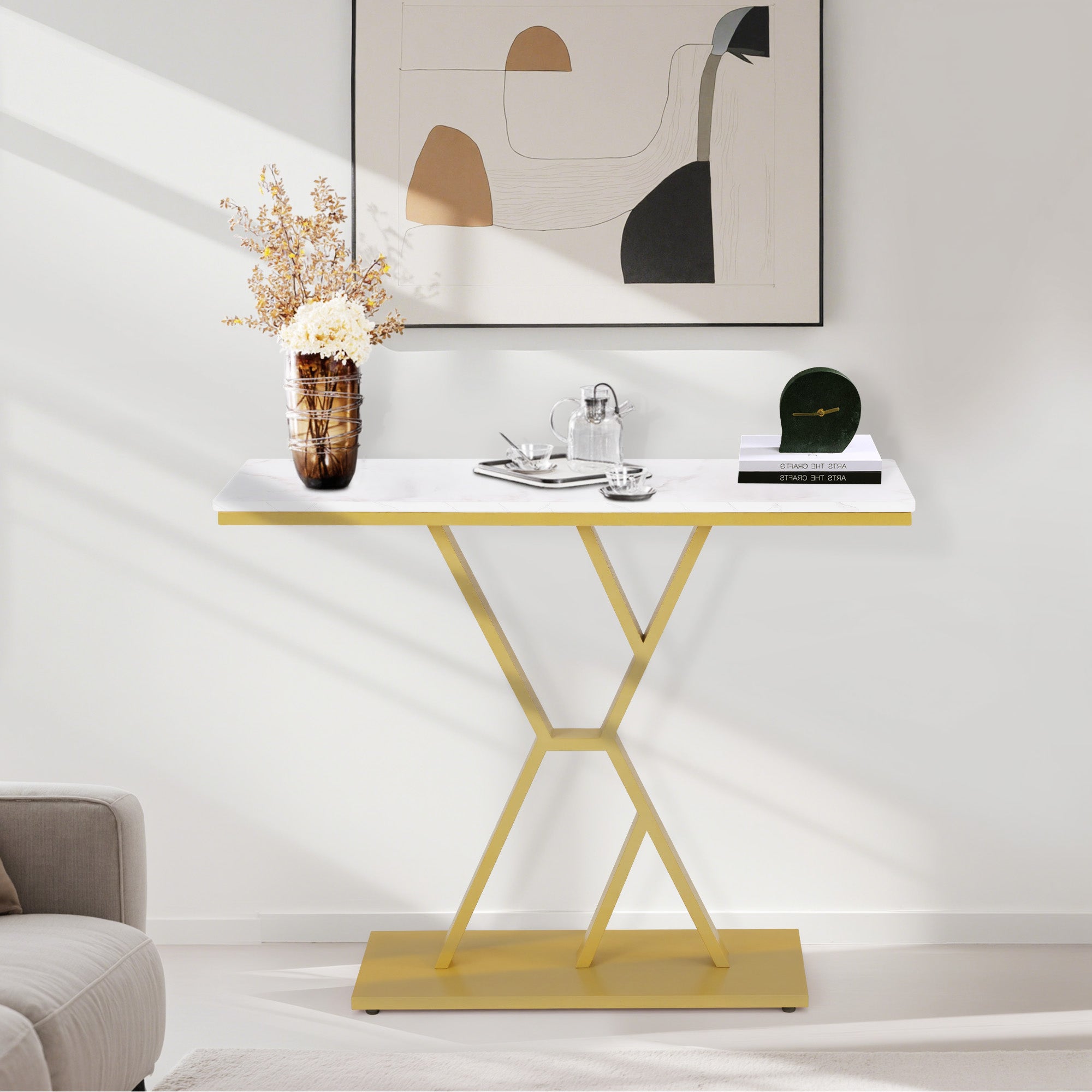 BarberPub Narrow Console Table, Entryway Table with Wood and Metal Frame, Hallway Table with 2 Levels, Modern Side Table for Hallway, Living Room, Anteroom, Entrance, Foyer, Marble-White Gold, 30 x 100 x 80 cm, 2237