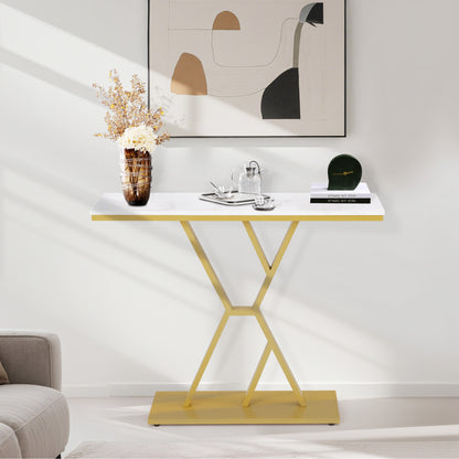 BarberPub Narrow Console Table, Entryway Table with Wood and Metal Frame, Hallway Table with 2 Levels, Modern Side Table for Hallway, Living Room, Anteroom, Entrance, Foyer, Marble-White Gold, 30 x 100 x 80 cm, 2237