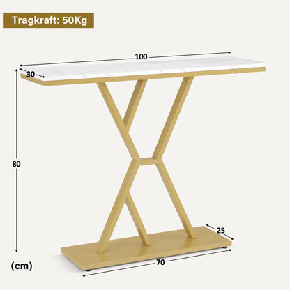 BarberPub Narrow Console Table, Entryway Table with Wood and Metal Frame, Hallway Table with 2 Levels, Modern Side Table for Hallway, Living Room, Anteroom, Entrance, Foyer, Marble-White Gold, 30 x 100 x 80 cm, 2237