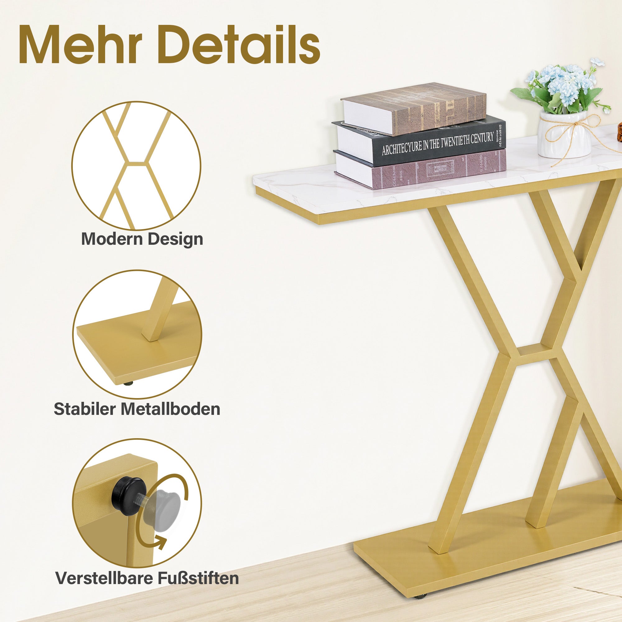 BarberPub Narrow Console Table, Entryway Table with Wood and Metal Frame, Hallway Table with 2 Levels, Modern Side Table for Hallway, Living Room, Anteroom, Entrance, Foyer, Marble-White Gold, 30 x 100 x 80 cm, 2237