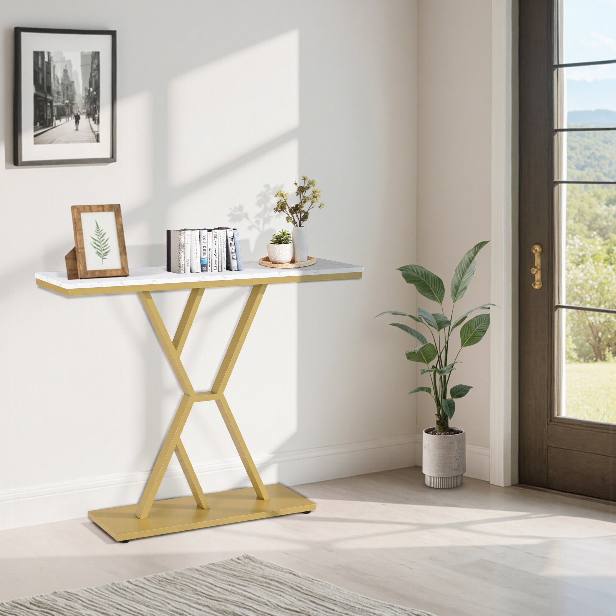 BarberPub Narrow Console Table, Entryway Table with Wood and Metal Frame, Hallway Table with 2 Levels, Modern Side Table for Hallway, Living Room, Anteroom, Entrance, Foyer, Marble-White Gold, 30 x 100 x 80 cm, 2237
