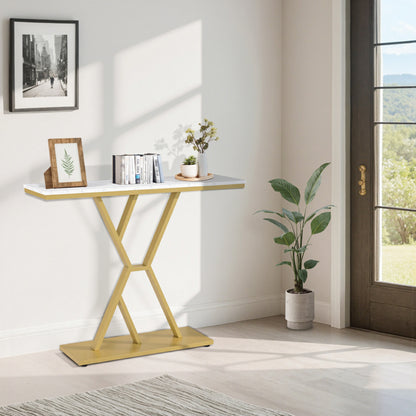 BarberPub Narrow Console Table, Entryway Table with Wood and Metal Frame, Hallway Table with 2 Levels, Modern Side Table for Hallway, Living Room, Anteroom, Entrance, Foyer, Marble-White Gold, 30 x 100 x 80 cm, 2237