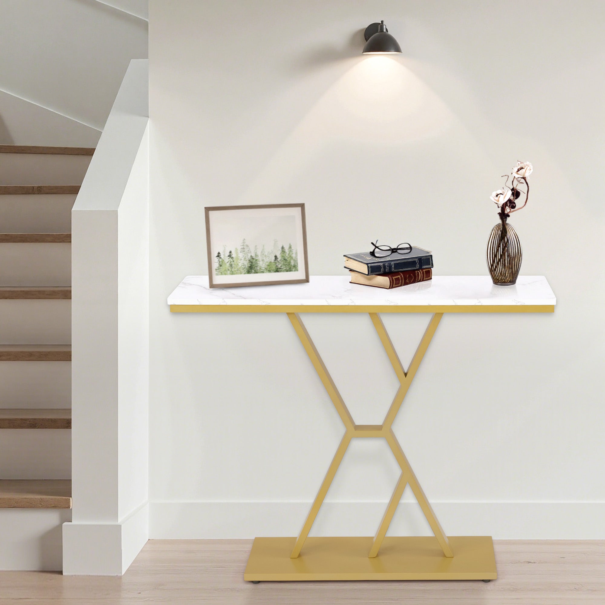 BarberPub Narrow Console Table, Entryway Table with Wood and Metal Frame, Hallway Table with 2 Levels, Modern Side Table for Hallway, Living Room, Anteroom, Entrance, Foyer, Marble-White Gold, 30 x 100 x 80 cm, 2237