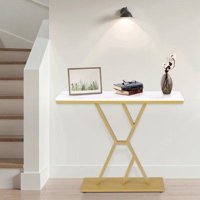 BarberPub Tavolo consolle stretto, tavolo da ingresso in legno con struttura in metallo, tavolo da corridoio a 2 ripiani, moderno tavolino per corridoio, soggiorno, anticamera, ingresso, foyer, marmo bianco e oro, 30x100x80 cm, 2237