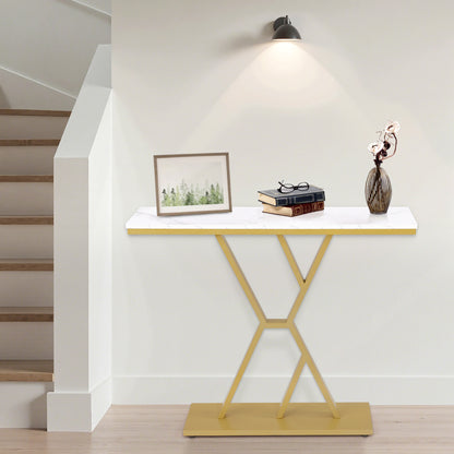 BarberPub Narrow Console Table, Entryway Table with Wood and Metal Frame, Hallway Table with 2 Levels, Modern Side Table for Hallway, Living Room, Anteroom, Entrance, Foyer, Marble-White Gold, 30 x 100 x 80 cm, 2237