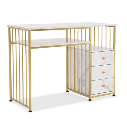 Bureau de barbier avec tiroirs, coiffeuse sans miroir, table à ongles en bois avec cadre en métal, table d'ordinateur pour le salon, moderne, 109 x 45,5 x 81 cm, 2407 