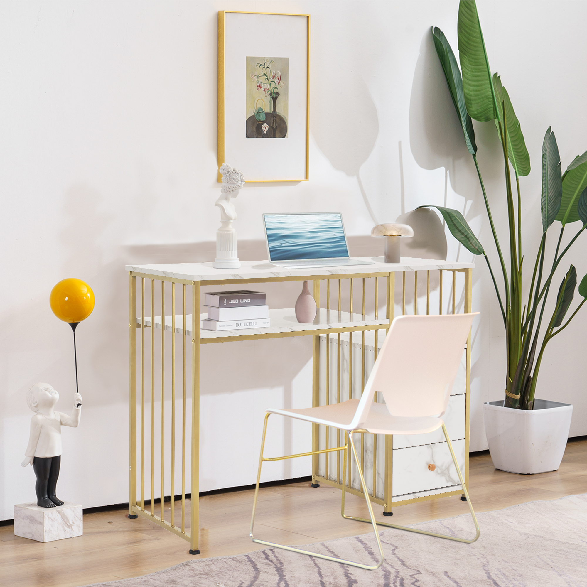 Bureau de barbier avec tiroirs, coiffeuse sans miroir, table à ongles en bois avec cadre en métal, table d'ordinateur pour le salon, moderne, 109 x 45,5 x 81 cm, 2407 