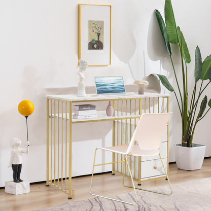 Bureau de barbier avec tiroirs, coiffeuse sans miroir, table à ongles en bois avec cadre en métal, table d'ordinateur pour le salon, moderne, 109 x 45,5 x 81 cm, 2407 