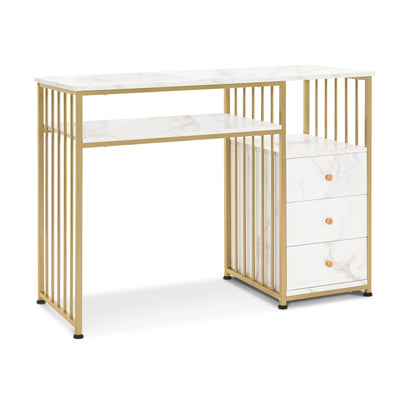 BarberPub Table de manucure avec 3 tiroirs & 2 étagères, table à ongles en bois et structure métallique, table de nail art pour salon de beauté, 45,5x109x81cm, 2407
