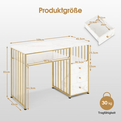 BarberPub Table de manucure avec 3 tiroirs & 2 étagères, table à ongles en bois et structure métallique, table de nail art pour salon de beauté, 45,5x109x81cm, 2407