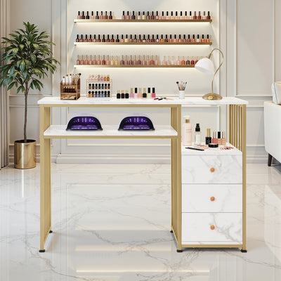 BarberPub Table de manucure avec 3 tiroirs & 2 étagères, table à ongles en bois et structure métallique, table de nail art pour salon de beauté, 45,5x109x81cm, 2407