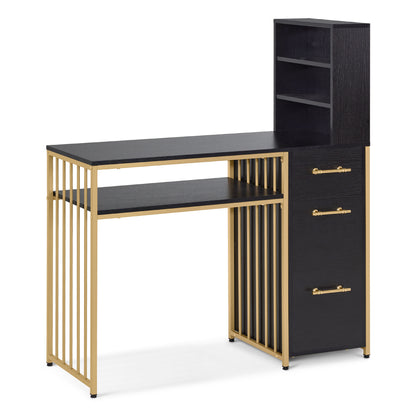 Barberpub Schreibtisch mit 3 Schubladen, Nageltisch aus Holz Metallgestell, Manikürtisch Marmor-Weiß Gold, Schminktisch ohne Spiegel Modern, Computertisch mit Regal Wohnzimmer, 43x108x125cm, 2420